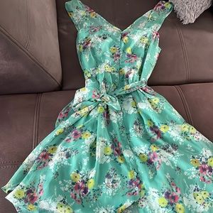 LC LAUREN CONRAD Teal with Flower Design Sleeveless Summer Dress Size 4